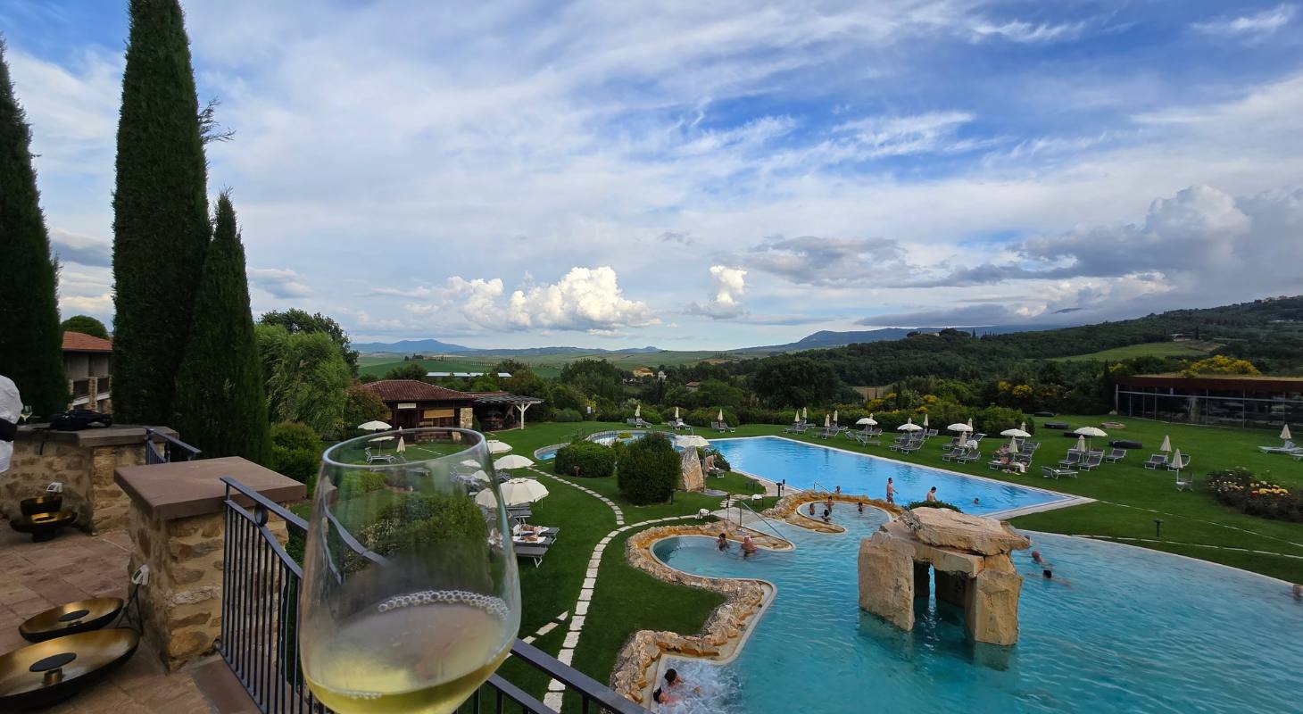 Glass of white wine in front of a pool surrounded by beautiful green land.