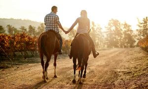 A couple horseback ride in the sun on a dirt road